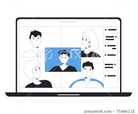 Online education. Digital learning. People talking to each other on computer screen. Teacher and students. Internet webinar or online video training. Vector line art illustration. 75066118