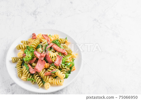 Wasabi greens and bacon pasta Wasabi greens and bacon pasta 75066950