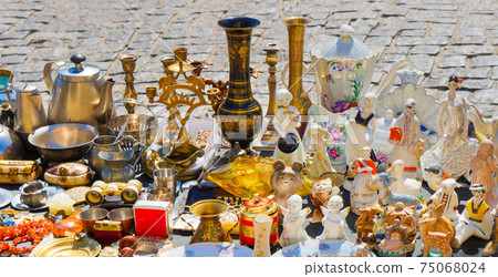 Bazaar antiques souvenir. Antiques market selling vintage objects brocante. Items vintage market banner. Selling and buying antiques items and collectables porcelain. Antique Flea market Kiev, Ukraine 75068024