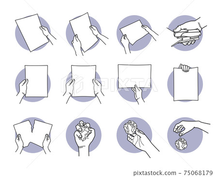 Hand holding A4 paper, staple, tearing, crumpled, and throwing away the paper.  75068179