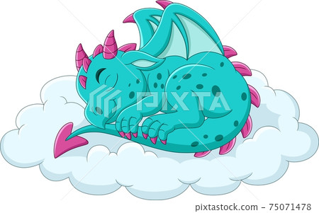 Cartoon baby blue dragon sleeping on a cloud 75071478