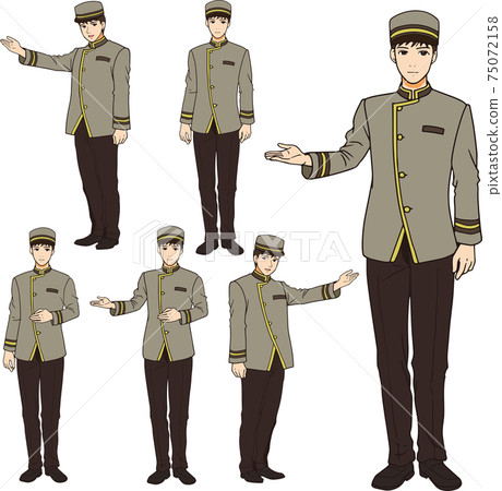 The hotel bellboy raises one hand to guide you. A full-body picture with a realistic style. 75072158
