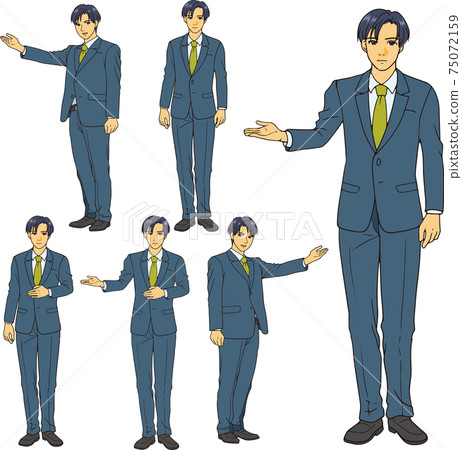 穿西裝的年輕男性上班族舉起一隻手引導和護送。具有逼真的風格的全身照。 75072159