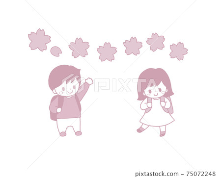 Spring admission of cherry blossoms lined up with cute elementary school students carrying school bags Hand-painted pink illustration Spring admission of cherry blossoms lined up with cute elementary school students carrying school bags Hand-painted pink illustration 75072248