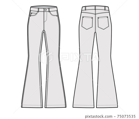 Jeans flared bottom Denim pants technical fashion illustration with full length, low waist, rise, 5 pockets, Rivets Flat 75073535