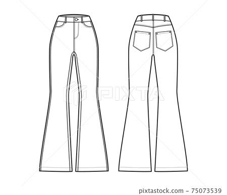 Jeans flared bottom Denim pants technical fashion illustration with full length, normal waist, high rise, 5 pockets 75073539