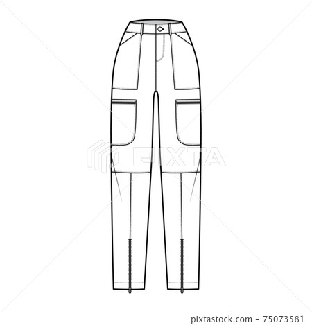 Set of Parachute pants technical fashion illustration with normal waist, high rise, pockets, belt loops, full lengths. Set of Parachute pants technical fashion illustration with normal waist, high rise, pockets, belt loops, full lengths. 75073581