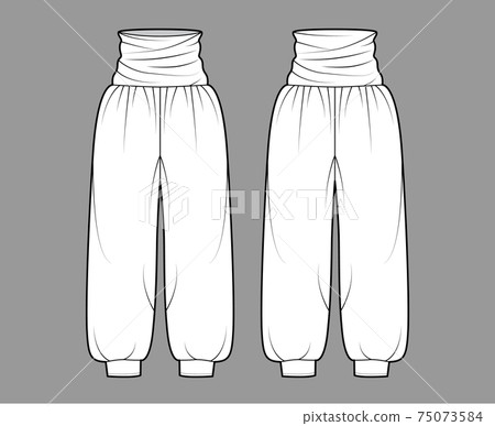 Pants zouave technical fashion illustration with normal draped waist, rise, pleats, wide legs, full length, oversized 75073584