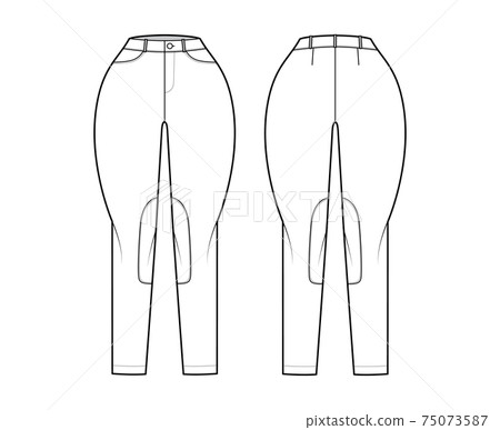 Jeans Classic Jodhpurs Denim pants technical fashion illustration with normal waist, pockets, belt loops, full lengths. Jeans Classic Jodhpurs Denim pants technical fashion illustration with normal waist, pockets, belt loops, full lengths. 75073587