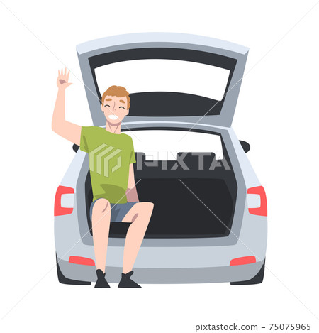 Beaming Man Sitting in Car Trunk and Waving Hand Taking Picture Vector Illustration Beaming Man Sitting in Car Trunk and Waving Hand Taking Picture Vector Illustration 75075965