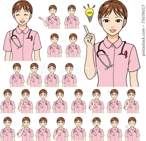 有各種各樣的表情的一位女性護士。 26種面孔。 75076017