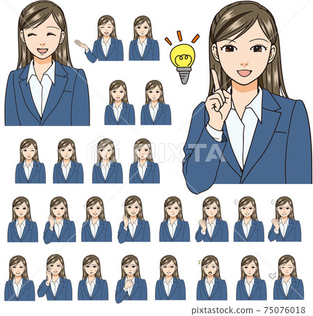 一套衣服的一名女性辦公室工作者與各種各樣的表情。 26種面孔。 75076018