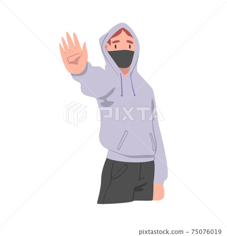 Man in Hoody Wearing Medical Face Mask Showing Stop Virus Sign with His Hand Vector Illustration 75076019