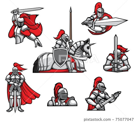 Medieval knights mascots and characters vector set Medieval knights mascots and characters vector set 75077047