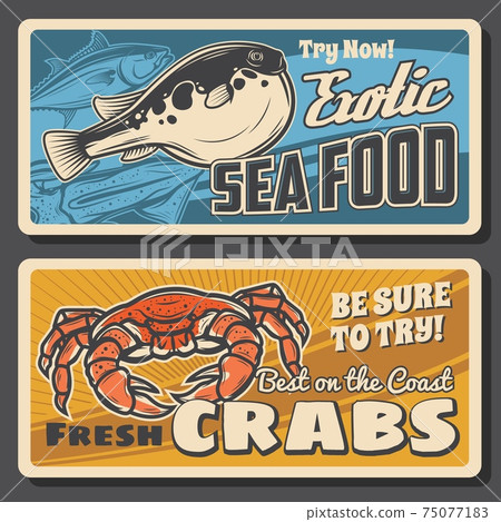 Fugu fish and fresh crabs seafood vector banners 75077183