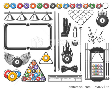 Billiards game equipment and accessories icons set 75077186