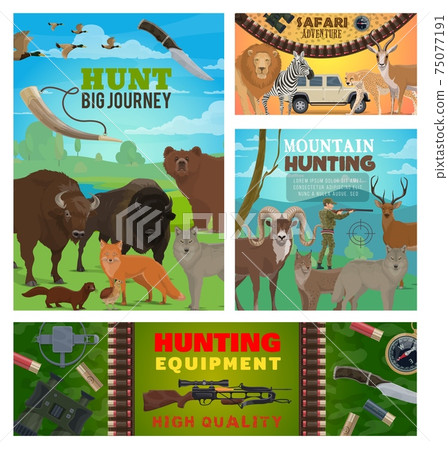 Hunting sport animals, hunter equipment and safari Hunting sport animals, hunter equipment and safari 75077191
