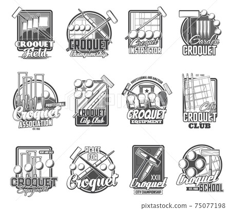 Croquet sport vector icons mallet, peg and balls Croquet sport vector icons mallet, peg and balls 75077198