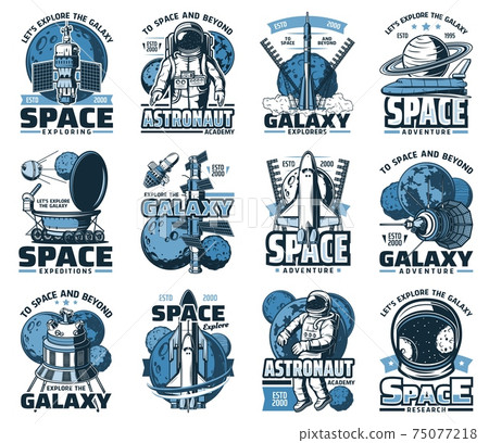 Space planet, astronaut and rocket isolated icons Space planet, astronaut and rocket isolated icons 75077218