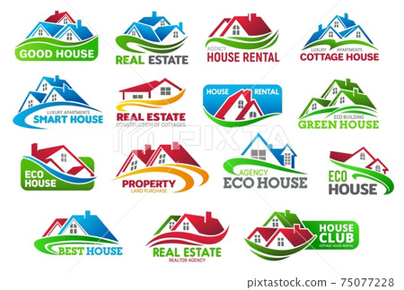 Realtors real estate icons with cottage houses Realtors real estate icons with cottage houses 75077228