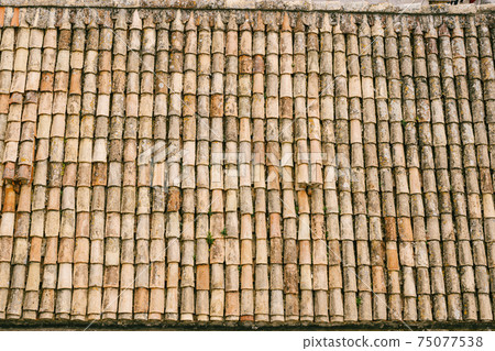 The texture of the old brown shingles on the roof of the building. 75077538