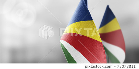 Small national flags of the Seychelles on a light blurry background Small national flags of the Seychelles on a light blurry background 75078811