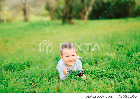 Cute little boy lying on his stomach on the lawn in the park 75080100