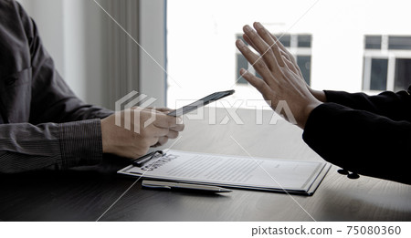 Businessmen refuse to accept money bribery or fraud or cheat, Combating Illegal Receiving of Money and Social Injustice, Anti bribery and corruption concept. 75080360