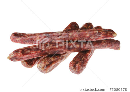 Dried jerked deer and pork sausage isolated on white 75080578