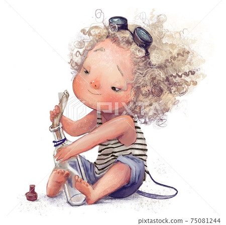 curly cute girl with a bottle with a message 75081244