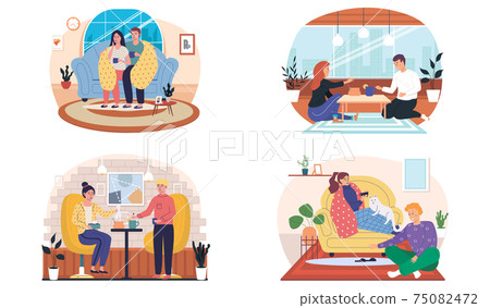 Set of illustrations about joint pastime on self-medication. People treated during illness at home 75082472