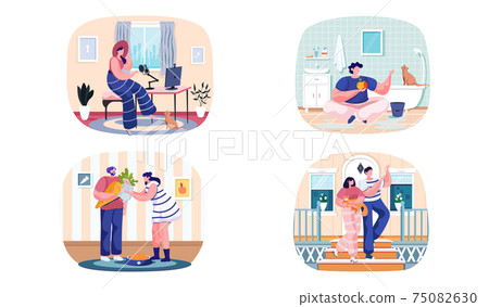 Set of scenes about household chores and pets. Person spending time in apartment with animals Set of scenes about household chores and pets. Person spending time in apartment with animals 75082630