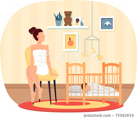 Girl in white dress helps child to fall asleep. Pretty woman near her child sleeping in cradle Girl in white dress helps child to fall asleep. Pretty woman near her child sleeping in cradle 75082659