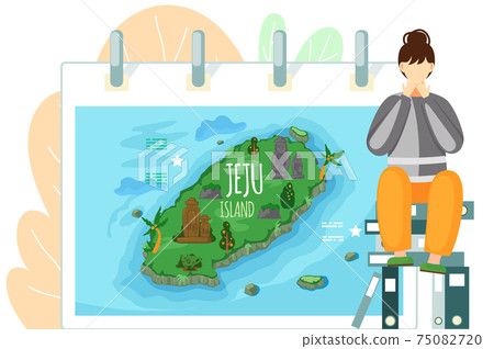 Jeju island map in cartoon style with main attractions stone figures. Green island in south korea 75082720