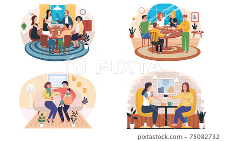 Set of illustrations about family with table games. People at home. Relatives playing together 75082732