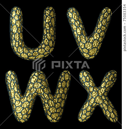 Realistic 3D letter set U, V, W, X made of gold shining metal . 75083354