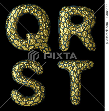 Realistic 3D letter set Q, R, S, T made of gold shining metal . 75083356