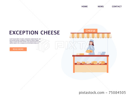 Webpage for creamery with showcase full of cheese flat vector illustration. Webpage for creamery with showcase full of cheese flat vector illustration. 75084505