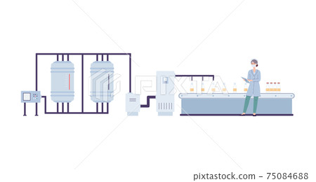 Dairy factory conveyor for filling milk, flat vector illustration isolated. Dairy factory conveyor for filling milk, flat vector illustration isolated. 75084688