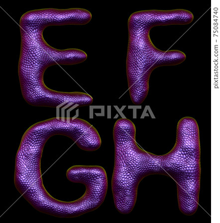 Set of letters E, F, G, H made of realistic 3d render natural purple snake skin texture. Set of letters E, F, G, H made of realistic 3d render natural purple snake skin texture. 75084740