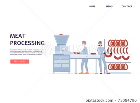 Meat processing factory website banner, people making sausages 75084790