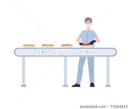 Meat processing plant with worker packing meat, vector illustration isolated. 75084835