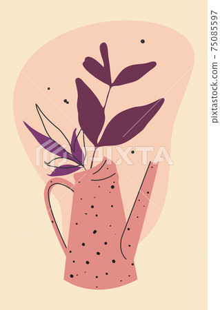 Vector minimalistic boho style art, hand drawn water can, leaves branch, abstract background Vector minimalistic boho style art, hand drawn water can, leaves branch, abstract background 75085597