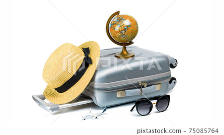 Hello summer. Womens accessories traveler: suitcase, straw hat, sunglasses and globe isolated on white background with empty space for text. Tranquil beach scene with copy space. Hello summer. Womens accessories traveler: suitcase, straw hat, sunglasses and globe isolated on white background with empty space for text. Tranquil beach scene with copy space. 75085764
