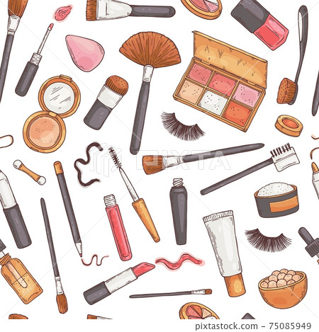 Fashion glamour makeup a vector hand drawn seamless pattern. Fashion glamour makeup a vector hand drawn seamless pattern. 75085949