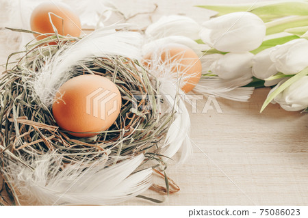Easter colourful eggs in basket with spring tulips, white feathers on wooden table background in Happy Easter decoration. Spring holiday concept. Easter colourful eggs in basket with spring tulips, white feathers on wooden table background in Happy Easter decoration. Spring holiday concept. 75086023