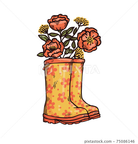 Rubber boots with flowers in bootleg cartoon vector illustration isolated. Rubber boots with flowers in bootleg cartoon vector illustration isolated. 75086146