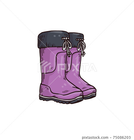 Purple rubber boots with tied top laces. Wellington style pair of shoes Purple rubber boots with tied top laces. Wellington style pair of shoes 75086203