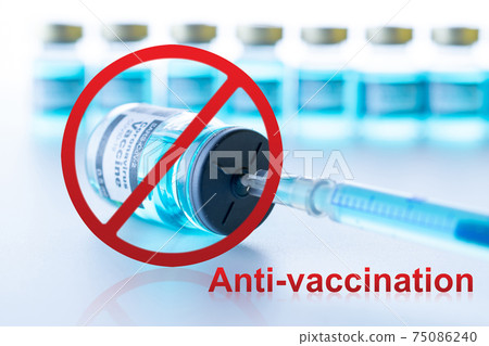 No covid vaccine. Red forbidden sign with Medical syringe, needle for protection flu virus and coronavirus. Anti Covid vaccine isolated on white. Disease care hospital prevention. 75086240