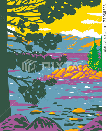 Emerald Bay Lake Tahoe in the Sierra Nevada Mountains located in California United States WPA Poster Art Emerald Bay Lake Tahoe in the Sierra Nevada Mountains located in California United States WPA Poster Art 75086708